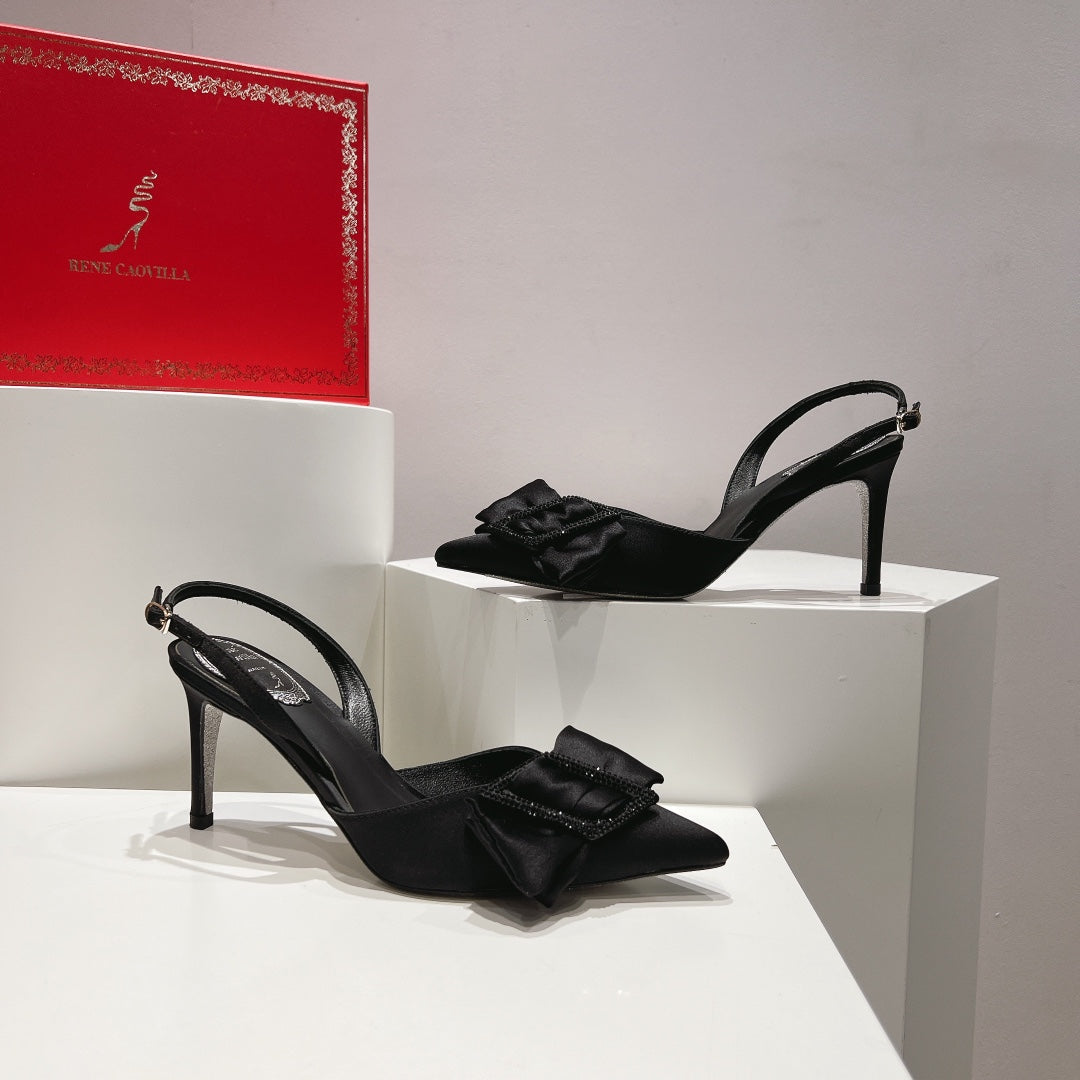 Glass heels with silk bow