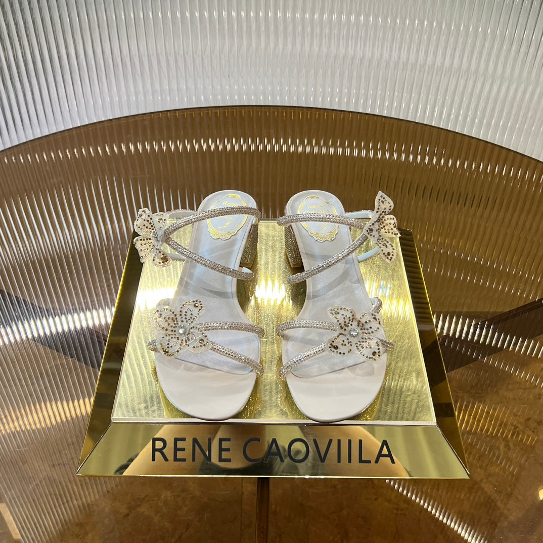 Crystal sandals with lace flowers