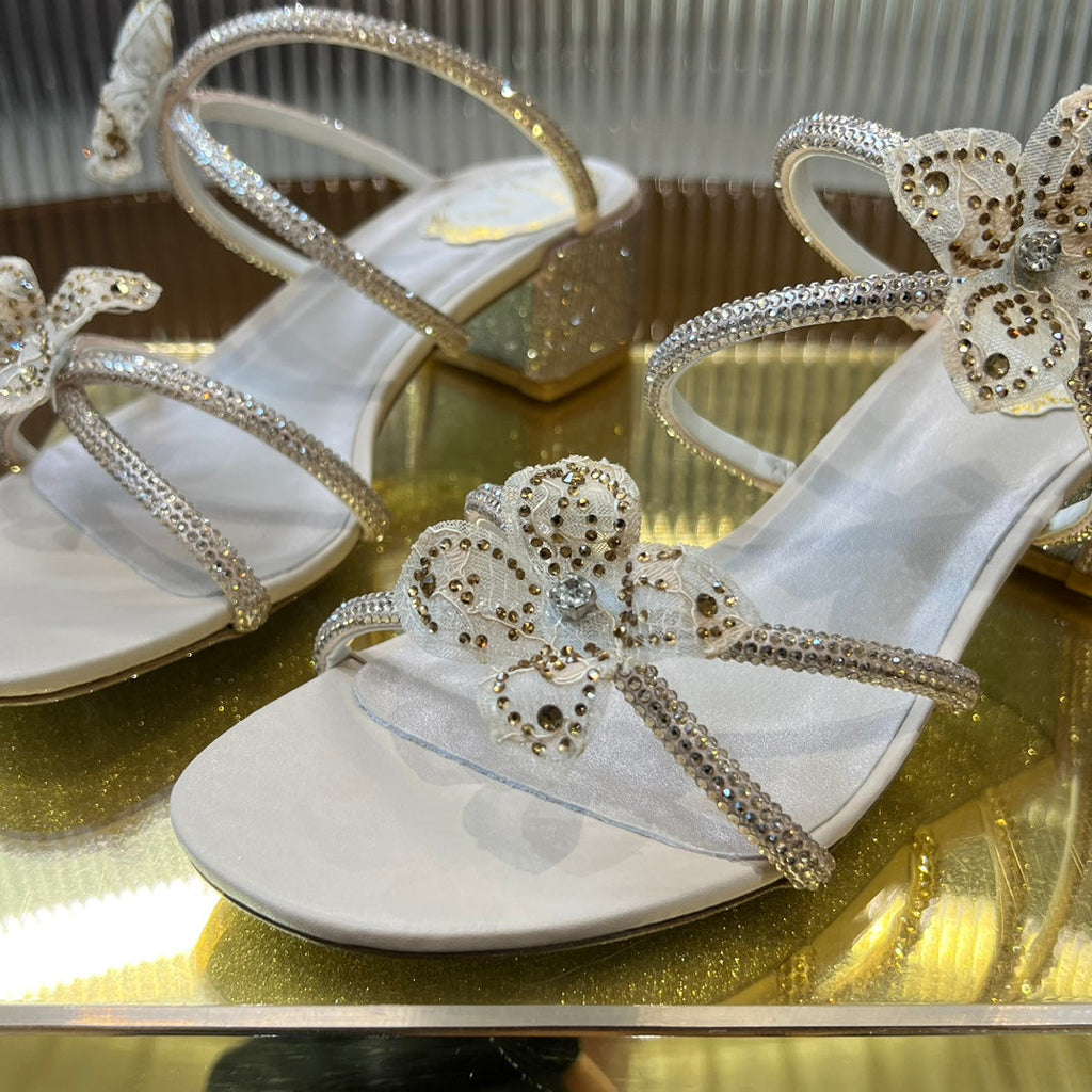 Crystal sandals with lace flowers