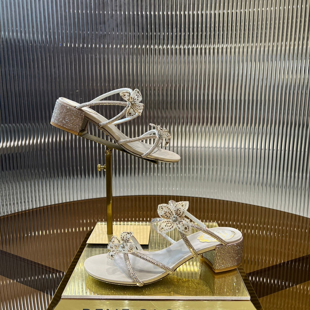 Crystal sandals with lace flowers