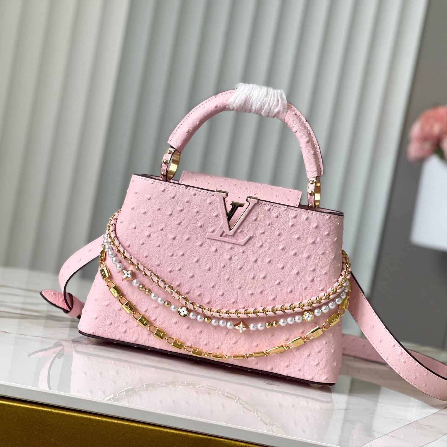 Capucines Trilogy Chain 3-in-1 Pink Ostrich Pearl